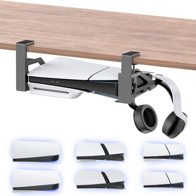 Kosker No-Drill PS5/Slim/Pro Under Desk Mount, Metal Under Desk PS 5 Mount for PS5 Slim Digital & Disc, PS 5 Holder Under Desk with Clamp, Screw and EVA Foam for PS 5/Slim/Pro Digital Console - Image 1